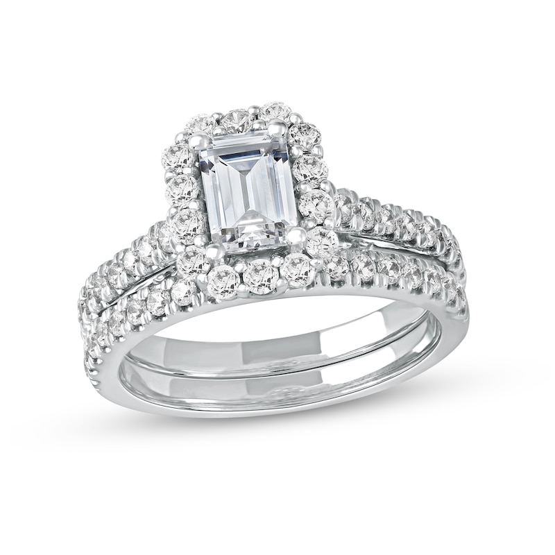 Main Image 1 of 1-3/4 CT. T.W. Emerald-Cut Diamond Frame Bridal Set in Platinum (I/SI2)