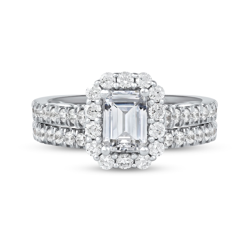 Main Image 3 of 1-3/4 CT. T.W. Emerald-Cut Diamond Frame Bridal Set in Platinum (I/SI2)