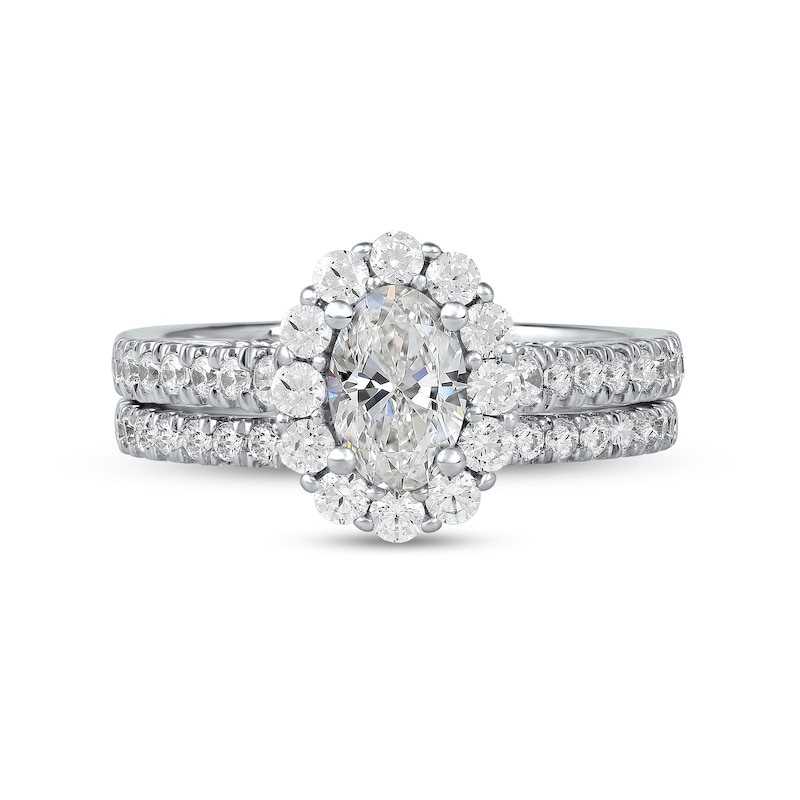 Main Image 3 of 1-3/4 CT. T.W. Oval Diamond Scallop Frame Bridal Set in Platinum (I/SI2)