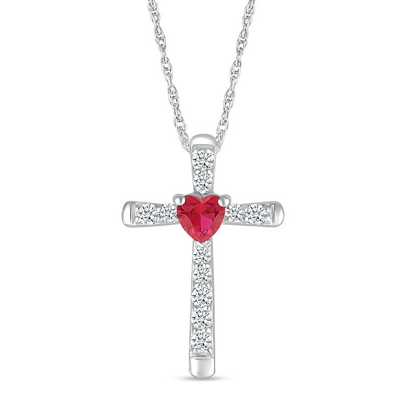Main Image 1 of 4.0mm Heart-Shaped Lab-Created Ruby and White Lab-Created Sapphire Cross Pendant in Sterling Silver