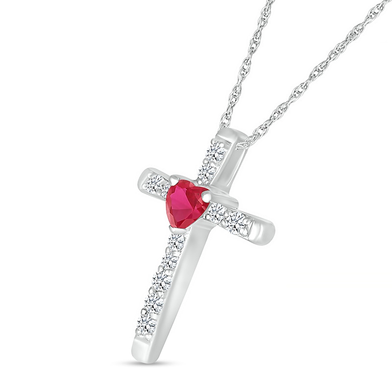 Main Image 2 of 4.0mm Heart-Shaped Lab-Created Ruby and White Lab-Created Sapphire Cross Pendant in Sterling Silver