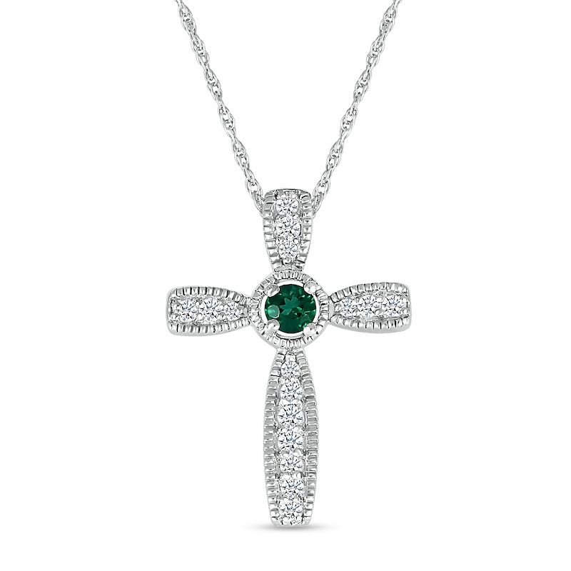 Main Image 1 of Lab-Created Emerald and White Lab-Created Sapphire Graduated Vintage-Style Cross Pendant in Sterling Silver