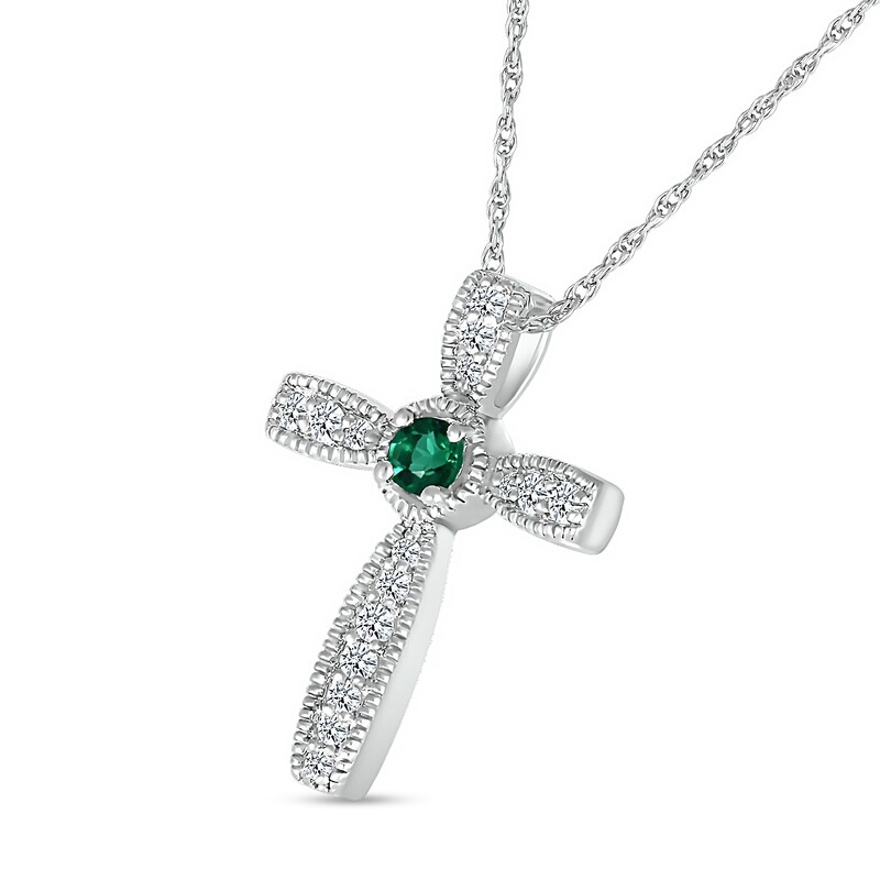Main Image 2 of Lab-Created Emerald and White Lab-Created Sapphire Graduated Vintage-Style Cross Pendant in Sterling Silver