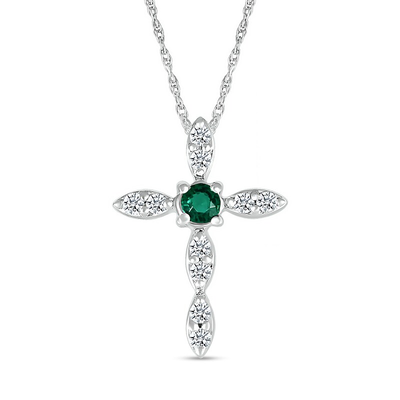 Main Image 1 of 3.0mm Lab-Created Emerald and White Lab-Created Sapphire Duo Marquise Cross Pendant in Sterling Silver