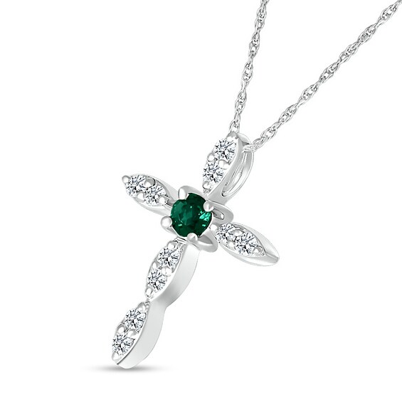 3.0mm Lab-Created Emerald and White Lab-Created Sapphire Duo Marquise Cross Pendant in Sterling Silver