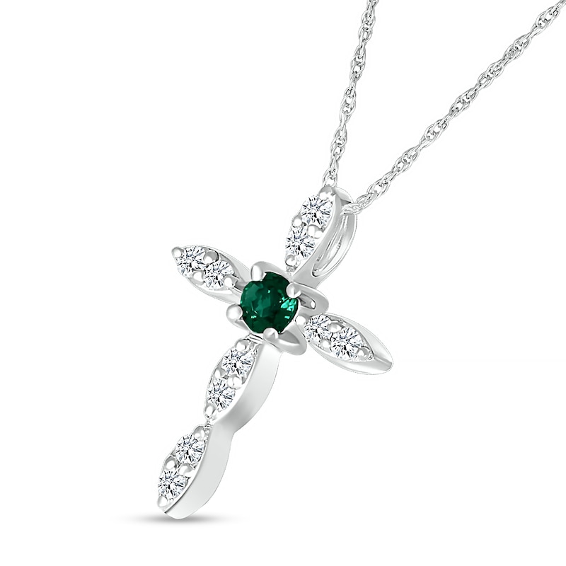Main Image 2 of 3.0mm Lab-Created Emerald and White Lab-Created Sapphire Duo Marquise Cross Pendant in Sterling Silver
