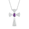 Thumbnail Image 1 of Oval Amethyst and White Lab-Created Sapphire Graduated Flared Cross Pendant in Sterling Silver
