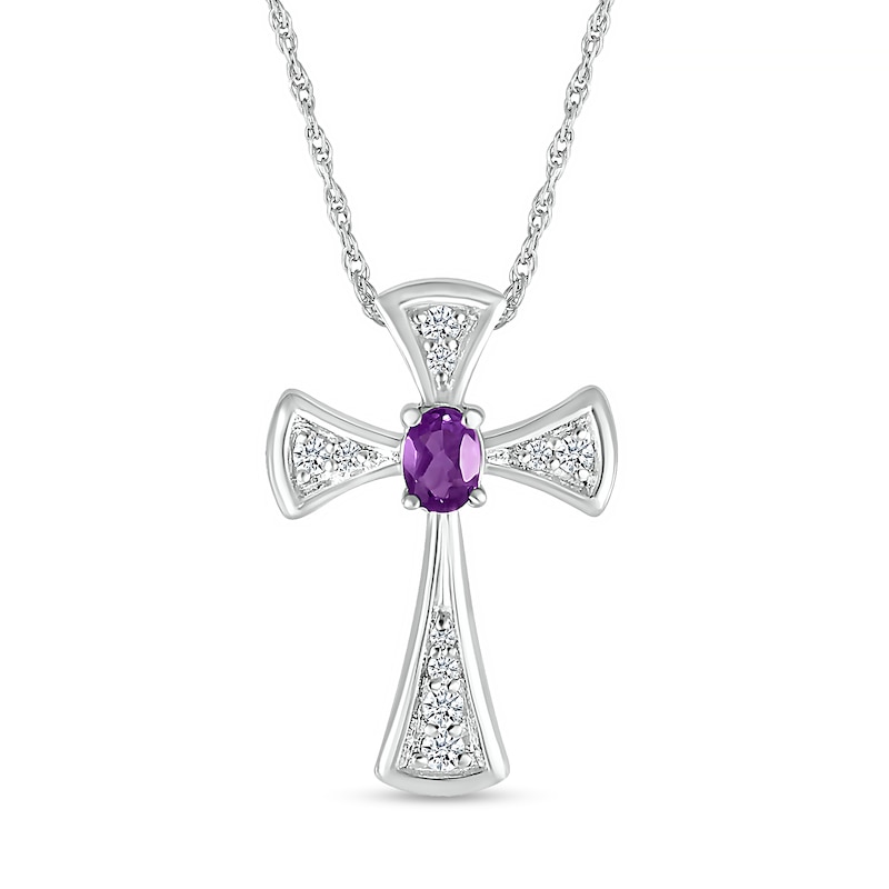Main Image 1 of Oval Amethyst and White Lab-Created Sapphire Graduated Flared Cross Pendant in Sterling Silver