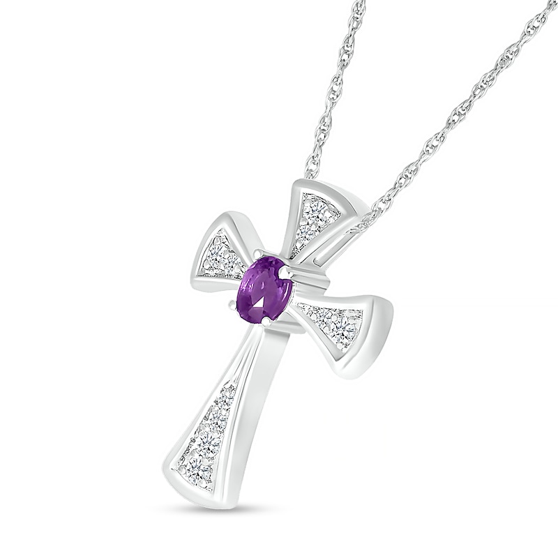 Main Image 2 of Oval Amethyst and White Lab-Created Sapphire Graduated Flared Cross Pendant in Sterling Silver