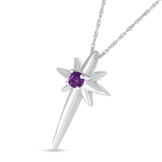 3.0mm Amethyst Solitaire North Star Cross Pendant in Sterling Silver