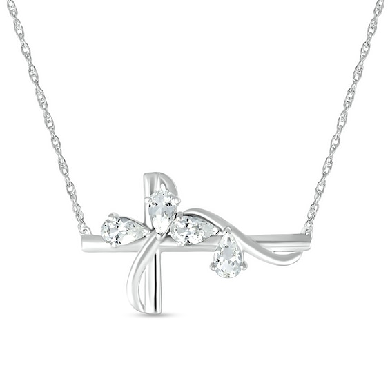 Pear-Shaped White Lab-Created Sapphire Four Stone Scatter with Ribbon Overlay Sideways Cross Necklace in Sterling Silver