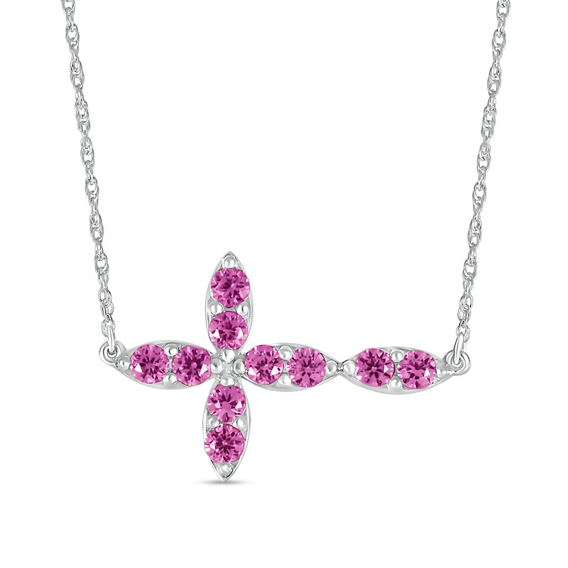 Main Image 1 of Pink Lab-Created Sapphire Duo Marquise Sideways Cross Necklace in Sterling Silver