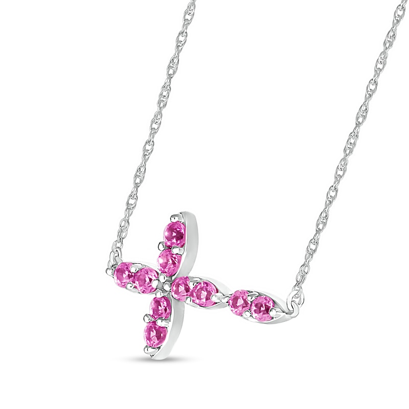 Main Image 2 of Pink Lab-Created Sapphire Duo Marquise Sideways Cross Necklace in Sterling Silver