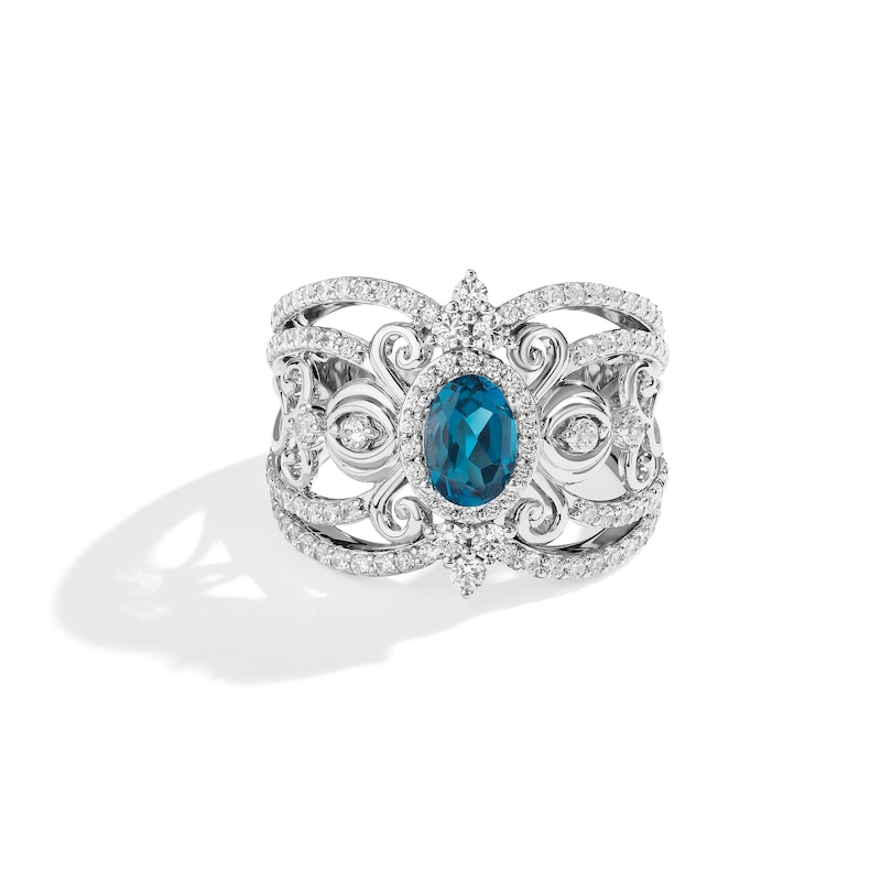 Enchanted Disney Ballroom Cinderella Oval London Blue Topaz and 1-1/5 CT. T.W. Diamond Ring in 14K White Gold – Size 7