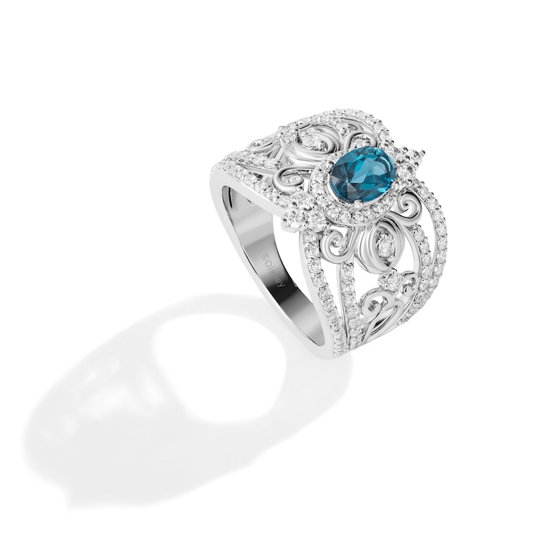 Enchanted Disney Ballroom Cinderella Oval London Blue Topaz and 1-1/5 CT. T.W. Diamond Ring in 14K White Gold – Size 7