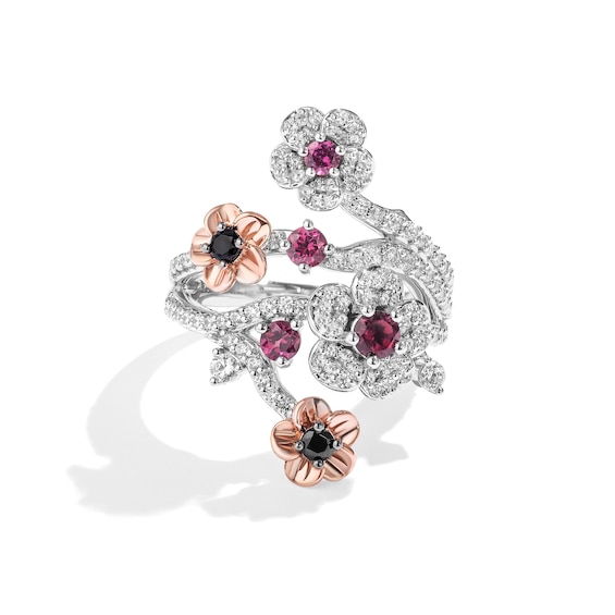 Enchanted Disney Ballroom Mulan Rhodolite Garnet with 1 CT. T.w. Black Enhanced and White Diamond Ring in 14K Two-Tone Gold
