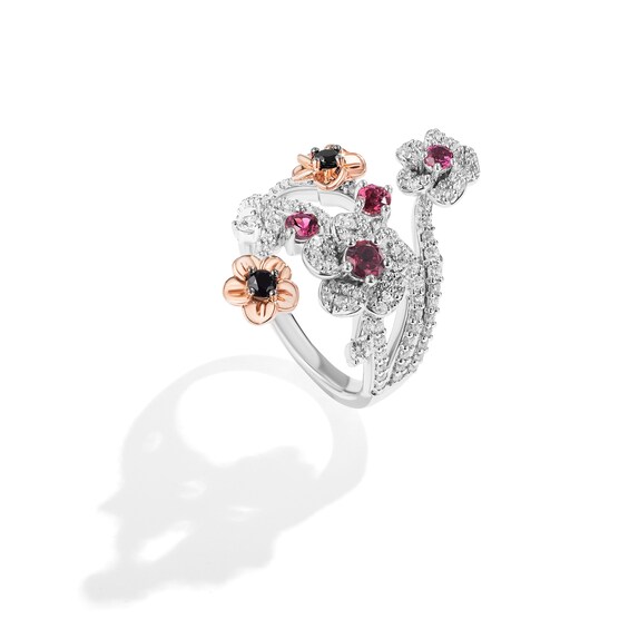 Enchanted Disney Ballroom Mulan Rhodolite Garnet with 1 CT. T.w. Black Enhanced and White Diamond Ring in 14K Two-Tone Gold