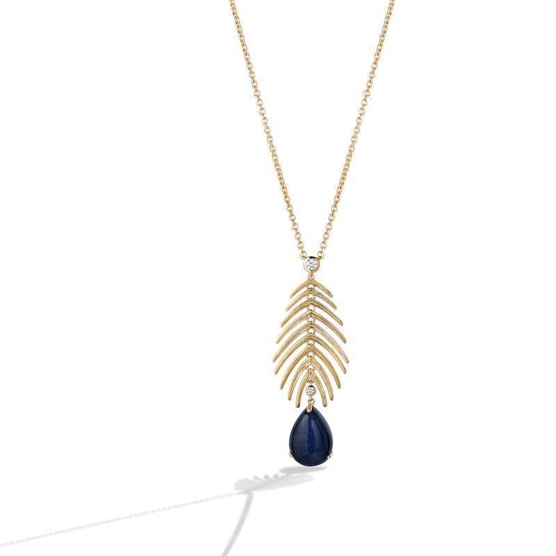 Main Image 1 of Enchanted Disney Ballroom Moana Pear-Shaped Blue Labradorite and 1/10 CT. T.W. Diamond Leaf Necklace in 14K Gold