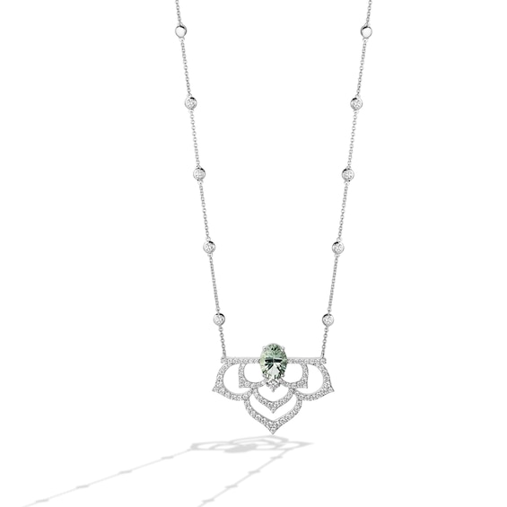 Enchanted Disney Ballroom Tiana Oval Green Quartz and 2-3/4 CT. T.w. Diamond Flower Necklace in 14K White Gold â 17"