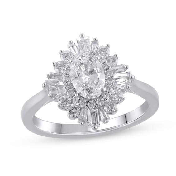 1 CT. T.w. Oval Diamond Starburst Frame Multi-Shape Engagement Ring in 14K White Gold (I/I2)