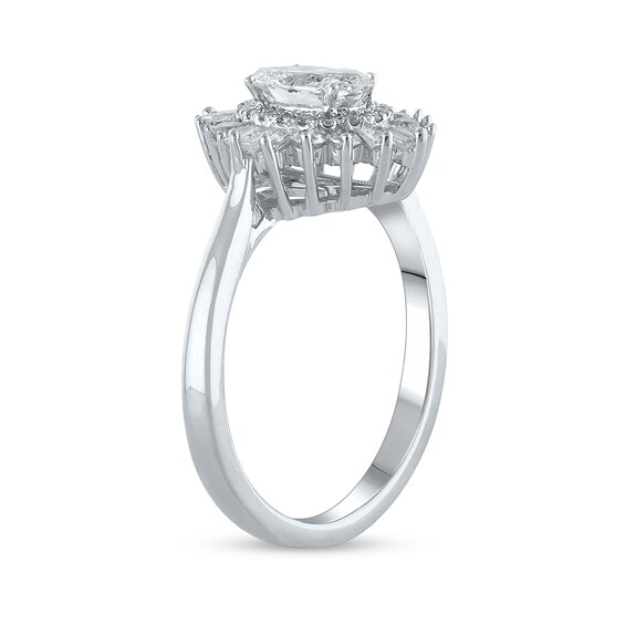 1 CT. T.w. Oval Diamond Starburst Frame Multi-Shape Engagement Ring in 14K White Gold (I/I2)