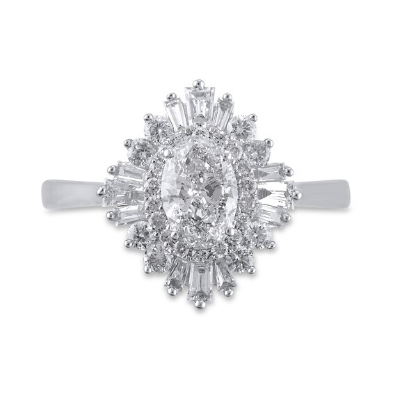 1 CT. T.w. Oval Diamond Starburst Frame Multi-Shape Engagement Ring in 14K White Gold (I/I2)