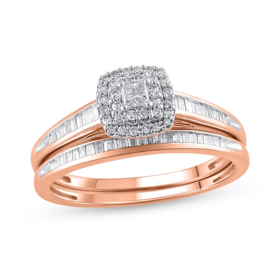 1/2 CT. T.w. Princess-Cut Diamond Double Frame Multi-Shape Bridal Set in 10K Rose Gold (J/I2)