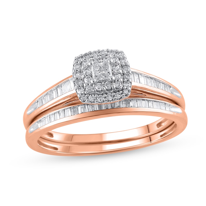 Main Image 1 of 1/2 CT. T.W. Princess-Cut Diamond Double Frame Multi-Shape Bridal Set in 10K Rose Gold (J/I2)