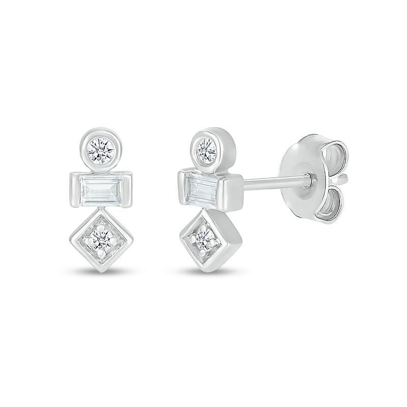 Main Image 1 of Baguette and Round White Lab-Created Sapphire Three Stone Stacked Geometric Stud Earrings in Sterling Silver