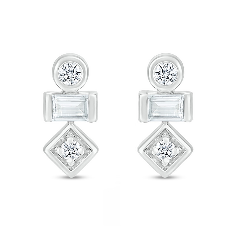 Main Image 3 of Baguette and Round White Lab-Created Sapphire Three Stone Stacked Geometric Stud Earrings in Sterling Silver