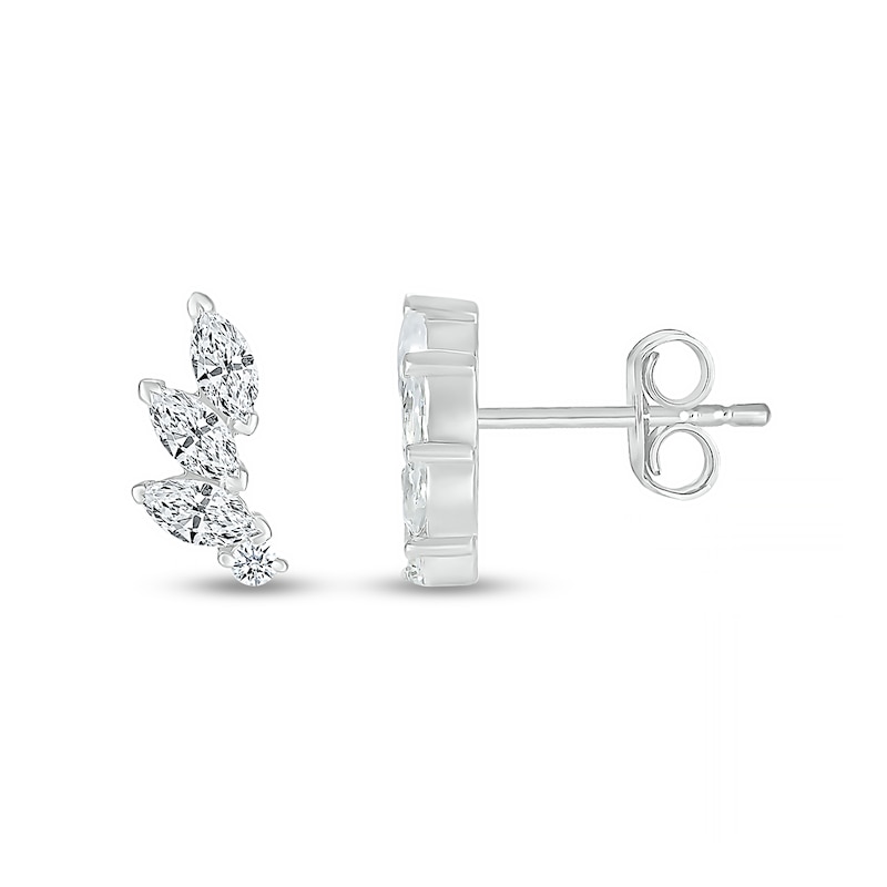 Marquise White Lab-Created Sapphire Three Stone Slant Curved Stud Earrings in Sterling Silver