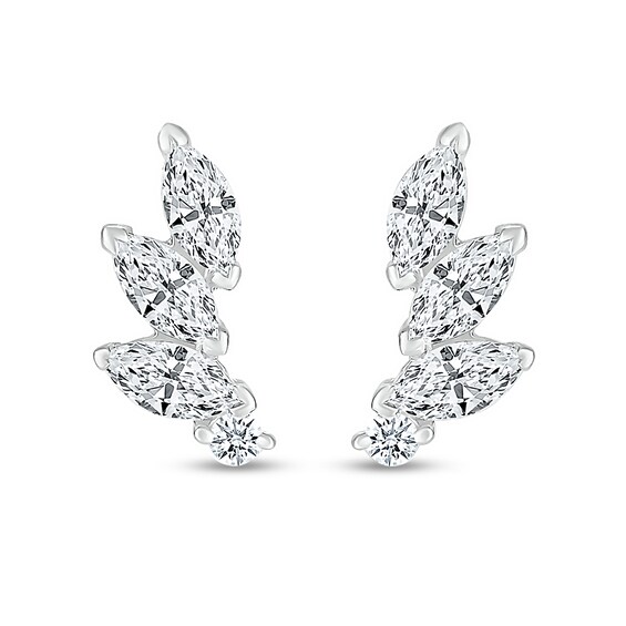 Marquise White Lab-Created Sapphire Three Stone Slant Curved Stud Earrings in Sterling Silver