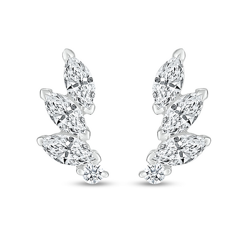 Marquise White Lab-Created Sapphire Three Stone Slant Curved Stud Earrings in Sterling Silver