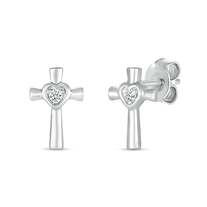 Main Image 1 of White Lab-Created Sapphire Heart Frame Cross Stud Earrings in Sterling Silver