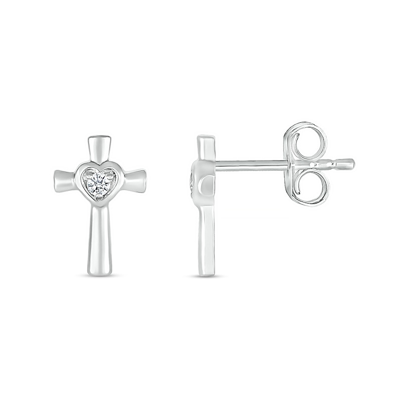 Main Image 2 of White Lab-Created Sapphire Heart Frame Cross Stud Earrings in Sterling Silver