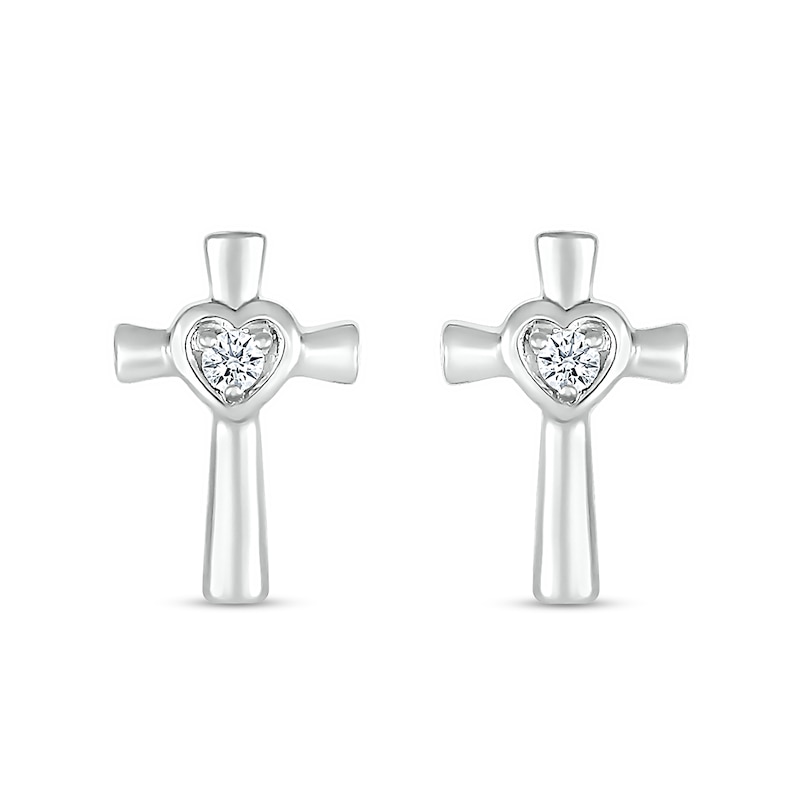 Main Image 3 of White Lab-Created Sapphire Heart Frame Cross Stud Earrings in Sterling Silver