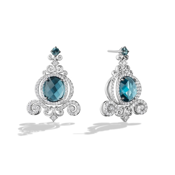 Enchanted Disney Ballroom Cinderella Oval London Blue Topaz and 1-1/6 CT. T.w. Diamond Drop Earrings in 14K White Gold