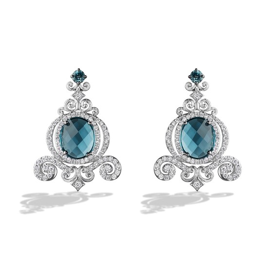 Enchanted Disney Ballroom Cinderella Oval London Blue Topaz and 1-1/6 CT. T.w. Diamond Drop Earrings in 14K White Gold