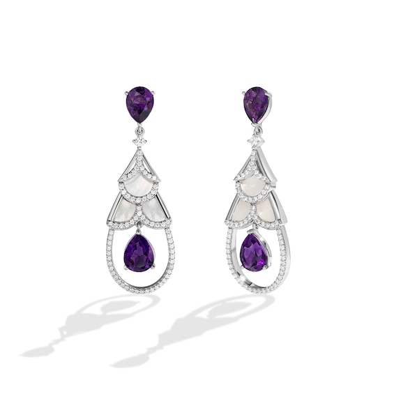 Enchanted Disney Ballroom Ariel Amethyst, Mother-of-Pearl and 7/8 CT. T.w. Diamond Drop Earrings in 14K White Gold