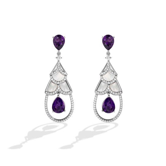 Enchanted Disney Ballroom Ariel Amethyst, Mother-of-Pearl and 7/8 CT. T.w. Diamond Drop Earrings in 14K White Gold