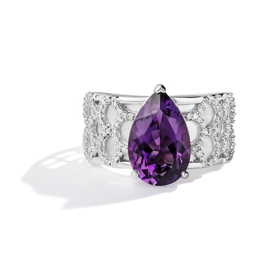 Enchanted Disney Ballroom Ariel Amethyst, Mother-of-Pearl and 1/3 CT. T.w. Diamond Ring in 14K White Gold - Size 7