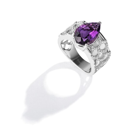 Enchanted Disney Ballroom Ariel Amethyst, Mother-of-Pearl and 1/3 CT. T.w. Diamond Ring in 14K White Gold - Size 7