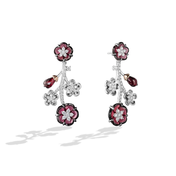 Enchanted Disney Ballroom Mulan Red Rhodolite Garnet and 1 CT. T.w. Diamond Floral Drop Earrings in 14K Two-Tone Gold