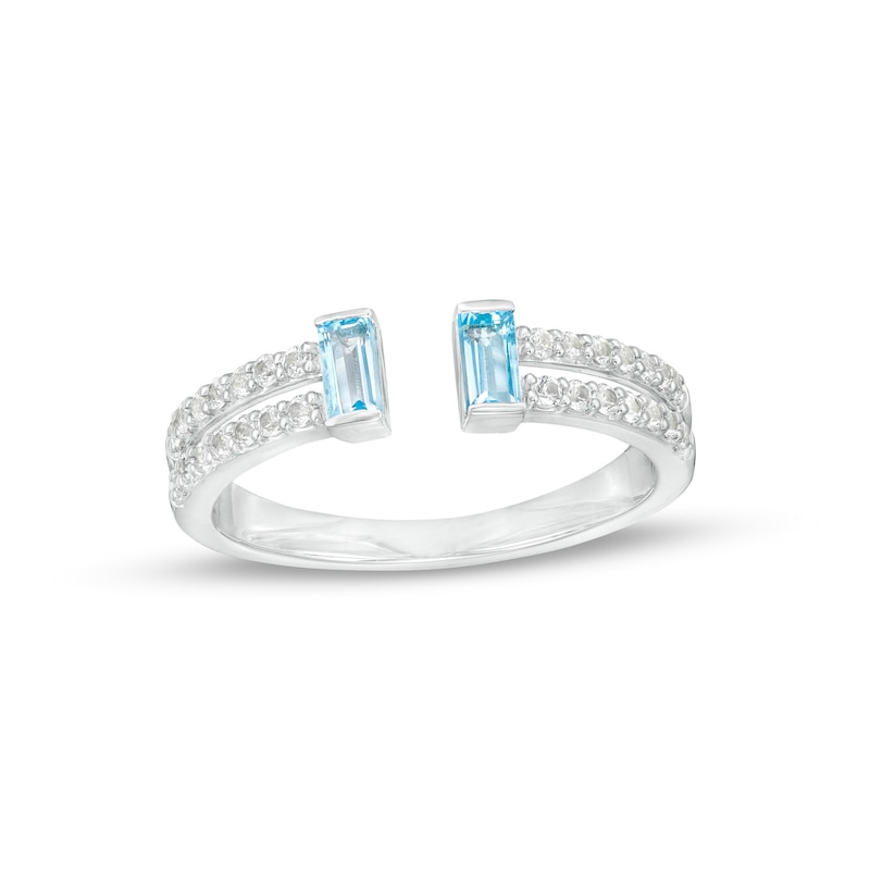 Main Image 1 of Baguette Swiss Blue Topaz and White Lab-Created Sapphire Open Shank Ring in Sterling Silver - Size 7