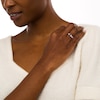Thumbnail Image 2 of Baguette Swiss Blue Topaz and White Lab-Created Sapphire Open Shank Ring in Sterling Silver - Size 7
