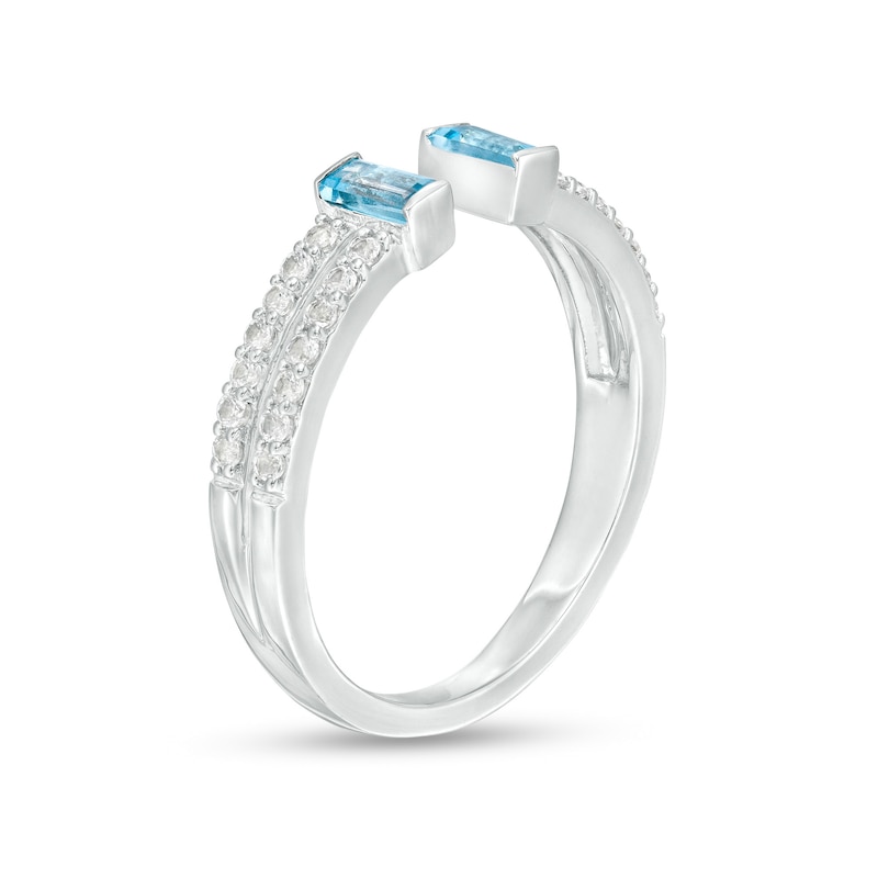 Main Image 3 of Baguette Swiss Blue Topaz and White Lab-Created Sapphire Open Shank Ring in Sterling Silver - Size 7