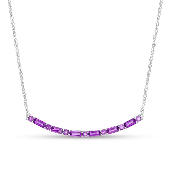 Alternating Baguette and Round Amethyst Curved Bar Necklace in Sterling Silver