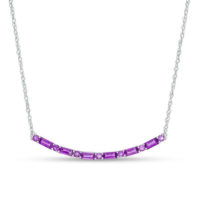 Main Image 1 of Alternating Baguette and Round Amethyst Curved Bar Necklace in Sterling Silver
