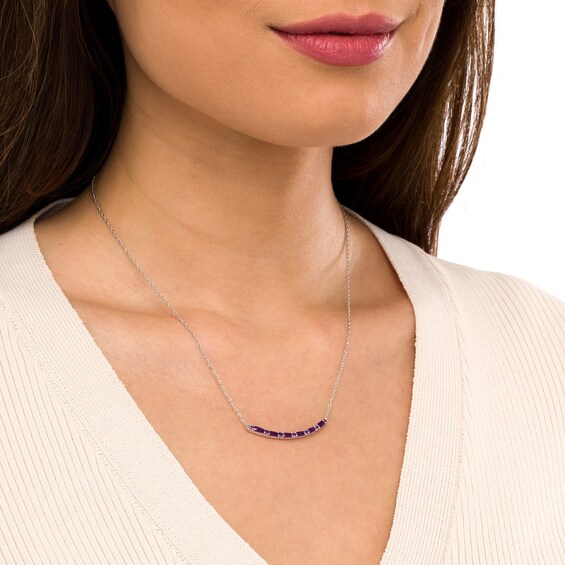 Alternating Baguette and Round Amethyst Curved Bar Necklace in Sterling Silver