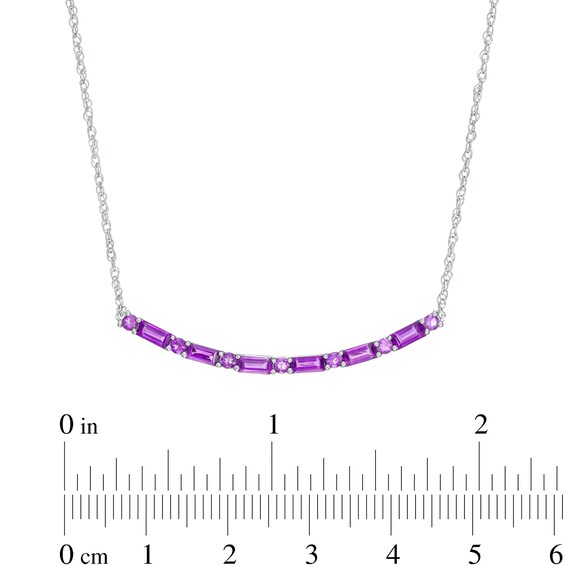 Alternating Baguette and Round Amethyst Curved Bar Necklace in Sterling Silver